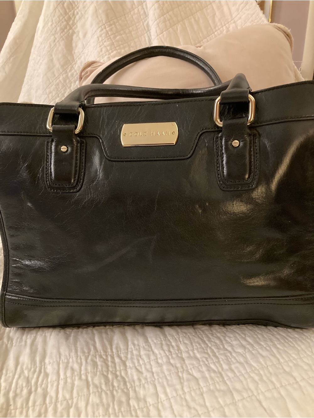 Cole Haan Black Leather Structured Briefcase with Gold Plate